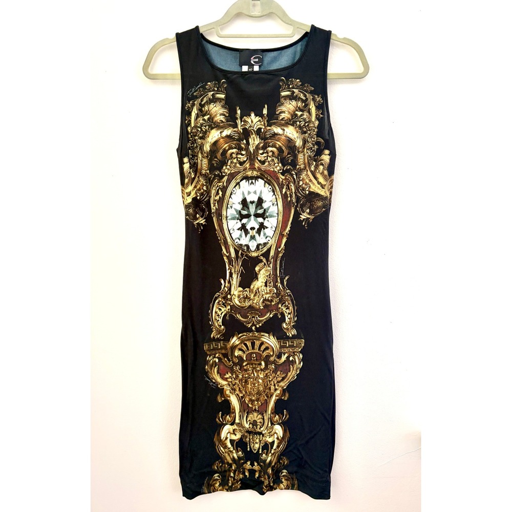 Vintage Just Cavalli Black Baroque Crystal Print Bodycon Midi Dress Italy Small
